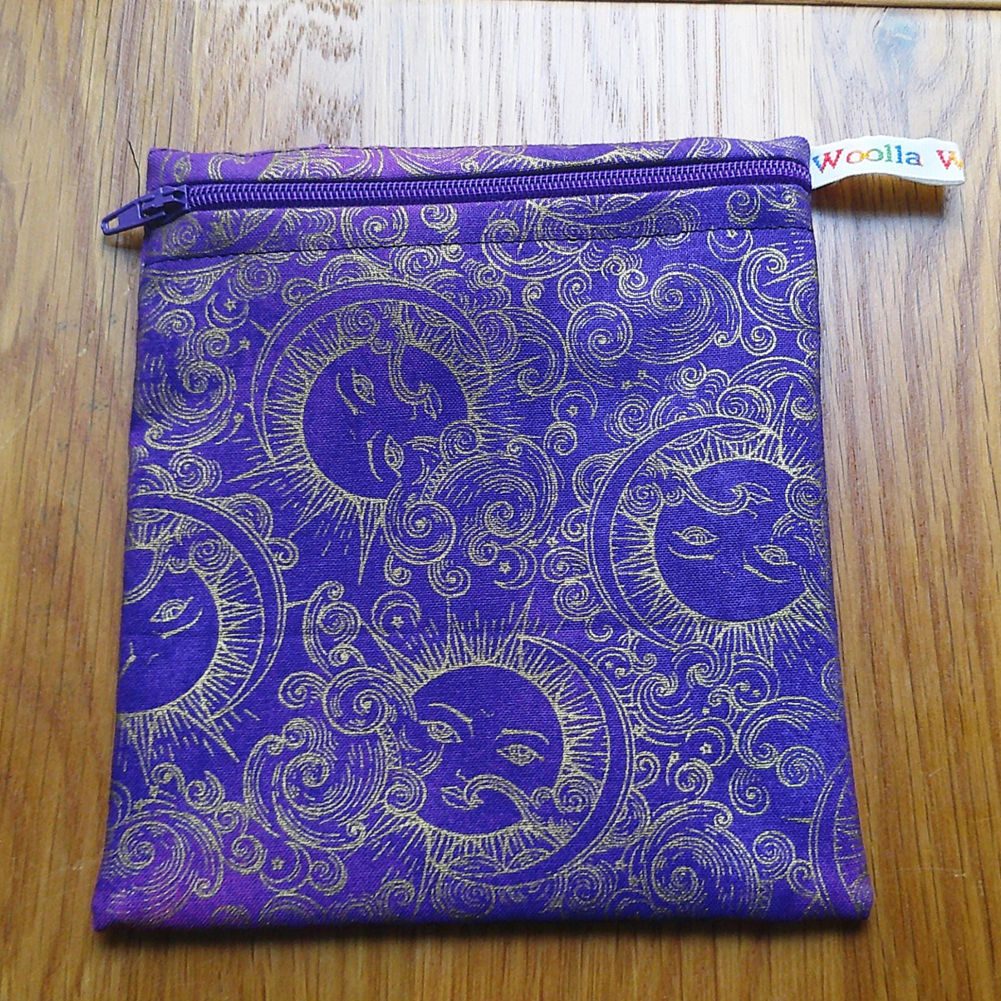 Small Reusable Snack Pouch Waterproof Food Bag, Eco-Friendly Washable Fabric Zip for Snacks, Change, Cosmetics, Accessories Purple Celestial