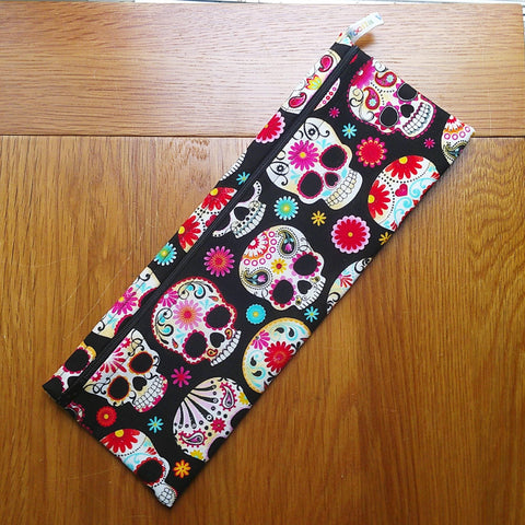 XL Straw Cutlery Pouch Extra Large Toothbrush Case, Pencil Bag, Crochet Hook Zip Pouch, Chopstick Case, Picnic  Work Lunch Fiesta Skull