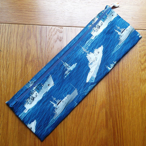 XL Straw Cutlery Pouch Extra Large Toothbrush Case, Pencil Bag, Crochet Hook Zip Pouch, Chopstick Case, Picnic  Work Lunch Navy Ships