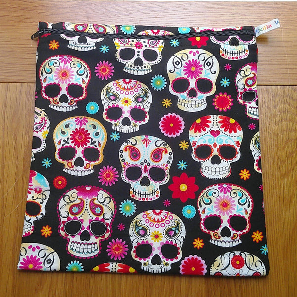 Large Food Storage, Bikini Bag,  Toiletries Pouch, Charger Store, Zipper Beauty Organiser, Craft Box, Waterproof Lined Fiesta Skull