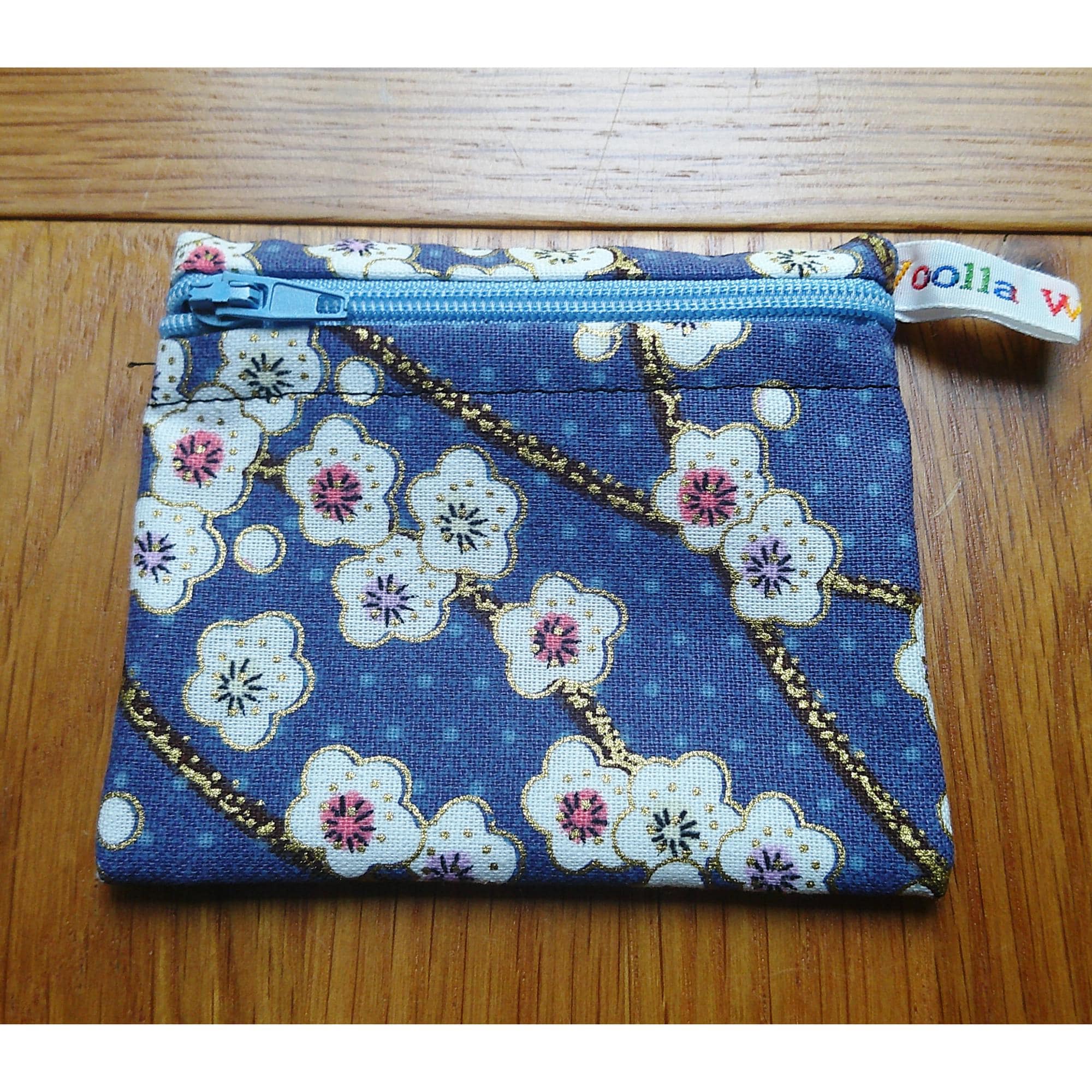 Pippins Reusable Snack Pouch, Pocket Sized Waterproof Food Safe Zip Bag, Washable Eco Lunch Pouch,  Mini Snack Bag Handmade Blue Cherry Blos