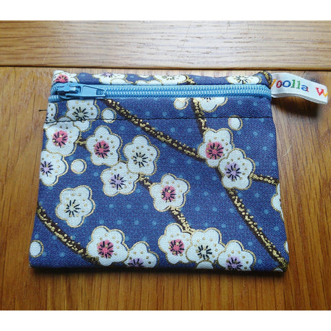 Pippins Reusable Snack Pouch, Pocket Sized Waterproof Food Safe Zip Bag, Washable Eco Lunch Pouch,  Mini Snack Bag Handmade Blue Cherry Blos