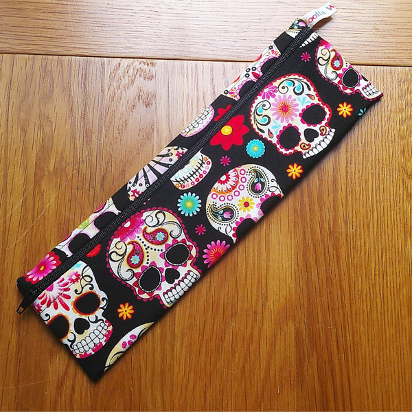 Straw Cutlery Pouch Washable Reusable Chopstick Utensil Crochet Hook Pencil Pen Case Waterproof Lined Zip Pouch Eco Fiesta Skull