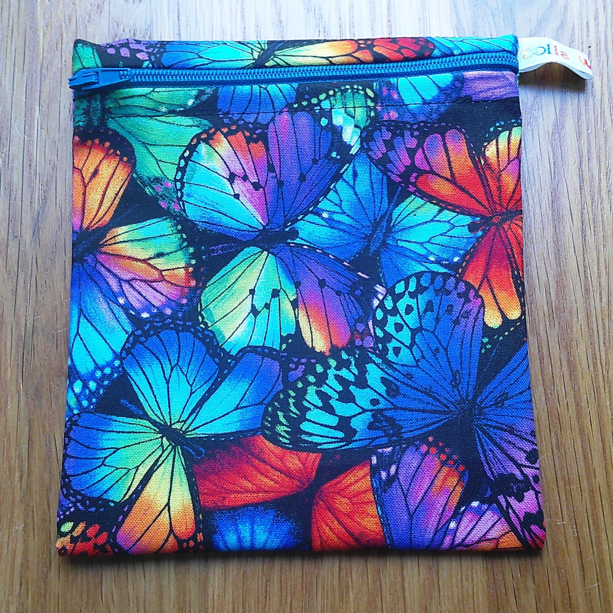Small Reusable Snack Pouch Waterproof Food Bag, Eco-Friendly Washable Fabric Zip for Snacks, Change, Cosmetics, Accessories Bright Butterfly
