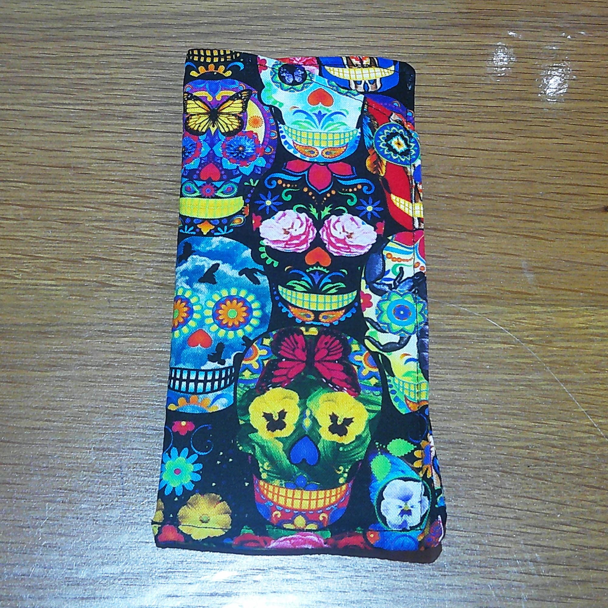 Handmade Cotton Glasses Case, Padded Eyewear Sleeve for Spectacles or Sunglasses, Eco-Friendly Gift, Soft Eyeglass Pouch Bright Skulls