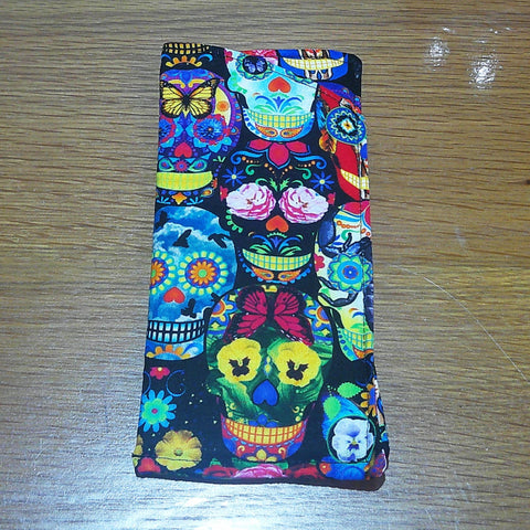 Handmade Cotton Glasses Case, Padded Eyewear Sleeve for Spectacles or Sunglasses, Eco-Friendly Gift, Soft Eyeglass Pouch Bright Skulls