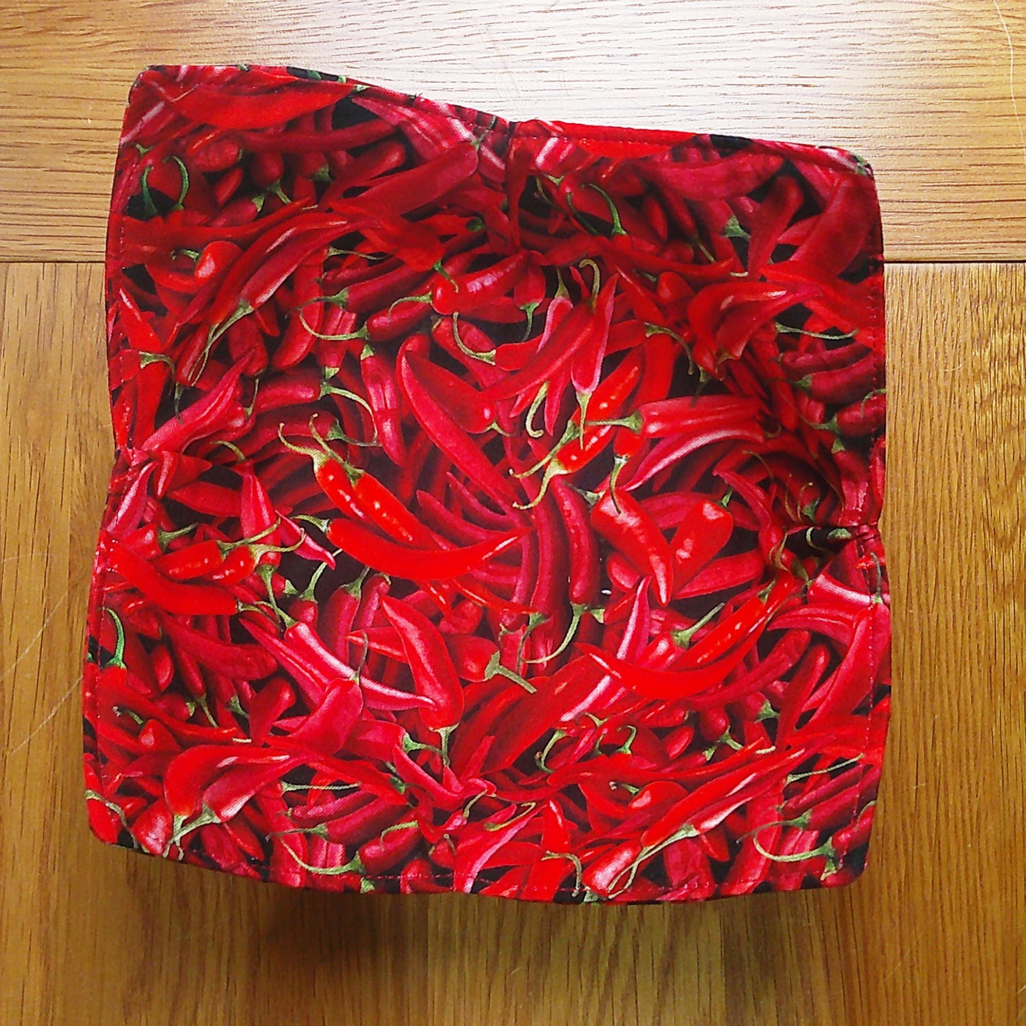 Microwave Bowl Cozy 100% Cotton, Reversible, Microwave-Safe Bowl Holder, Machine Washable Hot Pad, Handmade Kitchen Gift, Red Hot Chilli