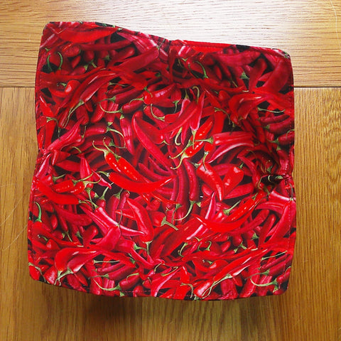 Microwave Bowl Cozy 100% Cotton, Reversible, Microwave-Safe Bowl Holder, Machine Washable Hot Pad, Handmade Kitchen Gift, Red Hot Chilli