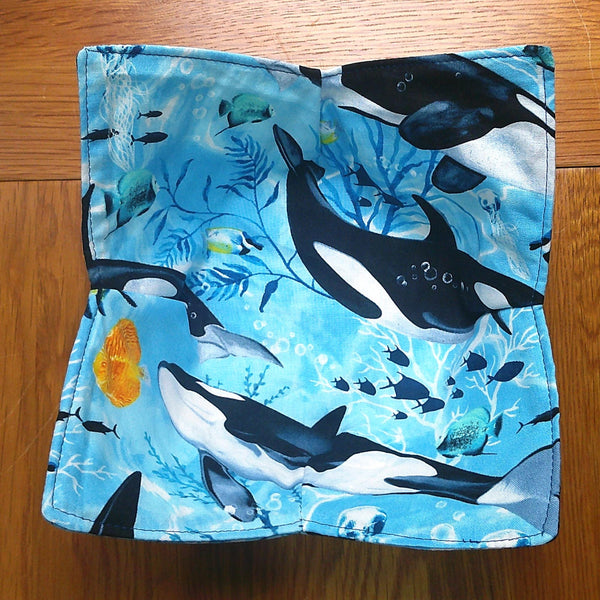 Microwave Bowl Cozy 100% Cotton, Reversible, Microwave-Safe Bowl Holder, Machine Washable Hot Pad, Handmade Kitchen Gift, Orca Killer Whale