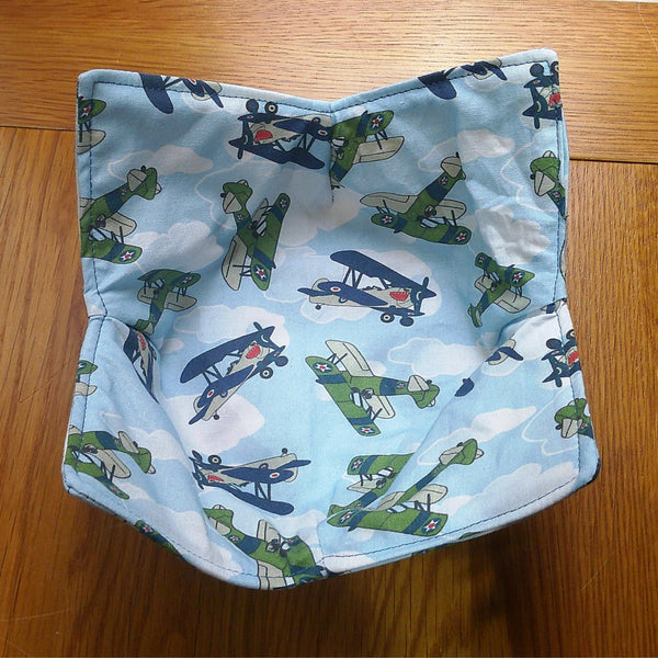 Microwave Bowl Cozy 100% Cotton, Reversible, Microwave-Safe Bowl Holder, Machine Washable Hot Pad, Handmade Kitchen Gift, Blue Bi-plane