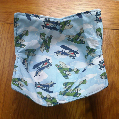 Microwave Bowl Cozy 100% Cotton, Reversible, Microwave-Safe Bowl Holder, Machine Washable Hot Pad, Handmade Kitchen Gift, Blue Bi-plane