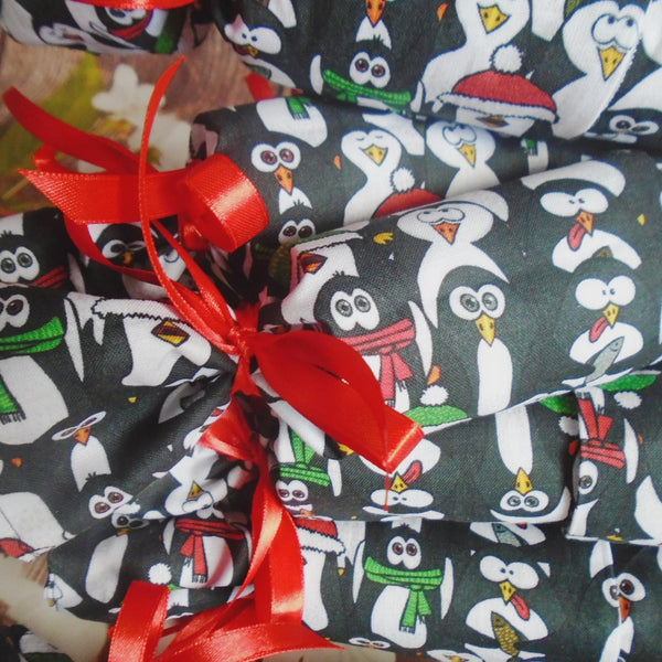 Reusable Christmas Cracker, Eco Friendly Sustainable Festive Table Decor, Refillable Zero Waste Holiday Gift Idea - Black White Penguins