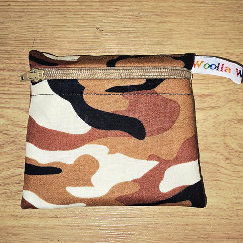 Pippins Reusable Snack Pouch, Pocket Sized Waterproof Food Safe Zip Bag, Washable Eco Lunch Pouch,  Mini Snack Bag Handmade Brown Camo