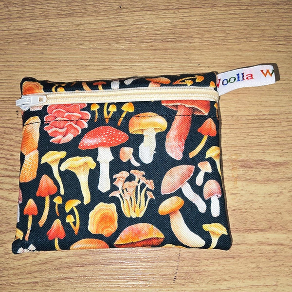Pippins Reusable Snack Pouch, Pocket Sized Waterproof Food Safe Zip Bag, Washable Eco Lunch Pouch,  Mini Snack Bag Handmade Forest Funghi