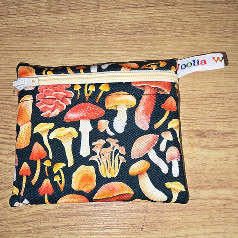Pippins Reusable Snack Pouch, Pocket Sized Waterproof Food Safe Zip Bag, Washable Eco Lunch Pouch,  Mini Snack Bag Handmade Forest Funghi
