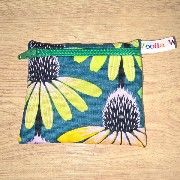 Pippins Reusable Snack Pouch, Pocket Sized Waterproof Food Safe Zip Bag, Washable Eco Lunch Pouch,  Mini Snack Bag Handmade  Green Echinacea