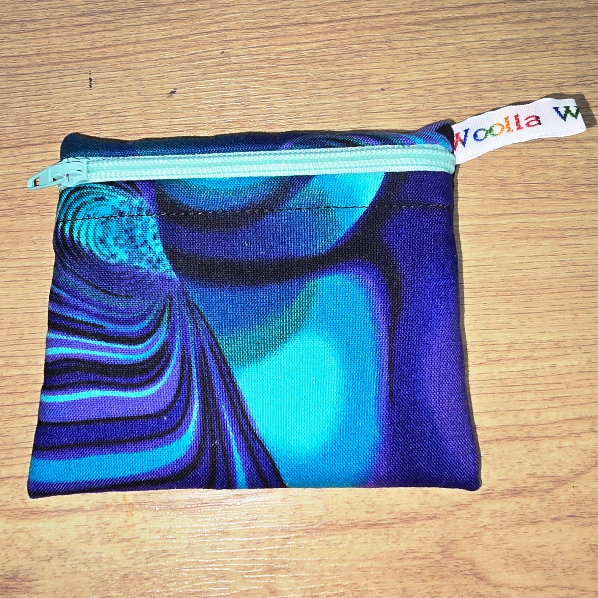 Pippins Reusable Snack Pouch, Pocket Sized Waterproof Food Safe Zip Bag, Washable Eco Lunch Pouch,  Mini Snack Bag Handmade Bluey Swirl