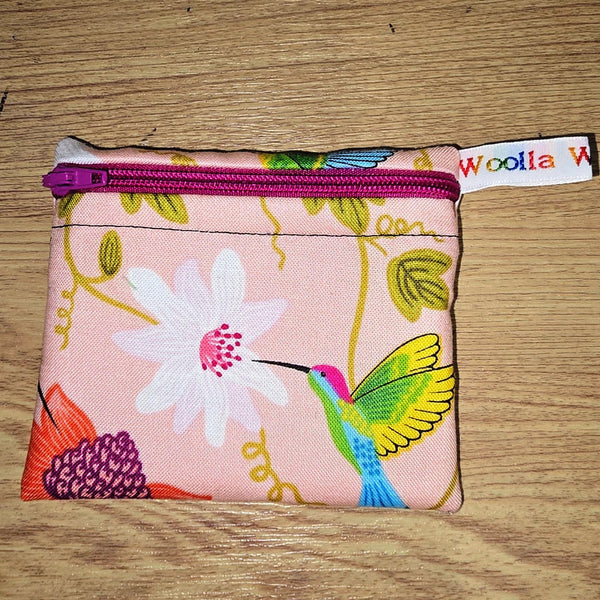 Pippins Reusable Snack Pouch, Pocket Sized Waterproof Food Safe Zip Bag, Washable Eco Lunch Pouch,  Mini Snack Bag Handmade Pink Hummingbird