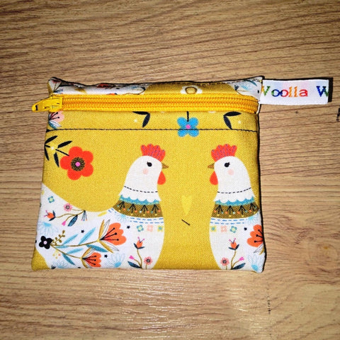 Pippins Reusable Snack Pouch, Pocket Sized Waterproof Food Safe Zip Bag, Washable Eco Lunch Pouch,  Mini Snack Bag Handmade Mustard Chicken