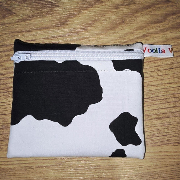 Pippins Reusable Snack Pouch, Pocket Sized Waterproof Food Safe Zip Bag, Washable Eco Lunch Pouch,  Mini Snack Bag Handmade Cow Print