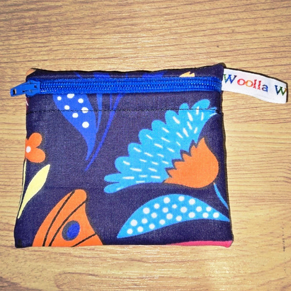 Pippins Reusable Snack Pouch, Pocket Sized Waterproof Food Safe Zip Bag, Washable Eco Lunch Pouch,  Mini Snack Bag Handmade Navy Fl Bfly
