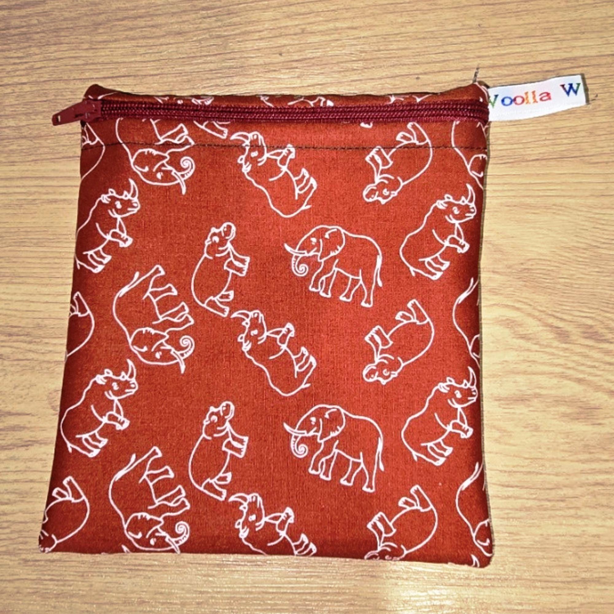 Small Reusable Snack Pouch Waterproof Food Bag, Eco-Friendly Washable Fabric Zip for Snacks, Change, Cosmetics Elephant Rhino Hippo