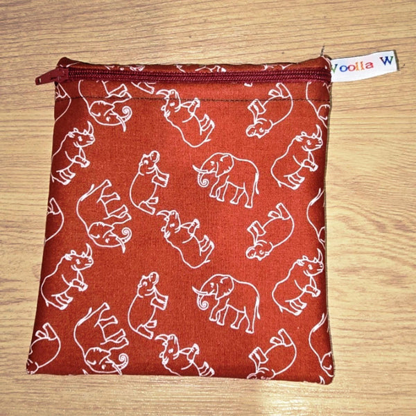 Small Reusable Snack Pouch Waterproof Food Bag, Eco-Friendly Washable Fabric Zip for Snacks, Change, Cosmetics Elephant Rhino Hippo