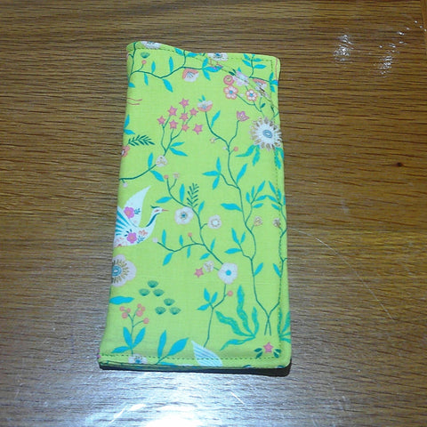 Handmade Cotton Glasses Case, Padded Eyewear Sleeve for Spectacles or Sunglasses, Eco-Friendly Gift, Soft Eyeglass Pouch Lime Cranes