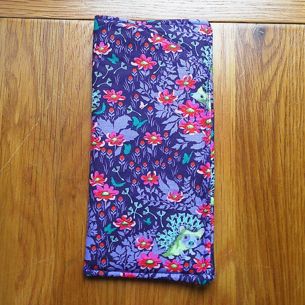 Handmade Cotton Glasses Case, Padded Eyewear Sleeve for Spectacles or Sunglasses, Eco-Friendly Gift, Soft Eyeglass Pouch Floral Hedgehog