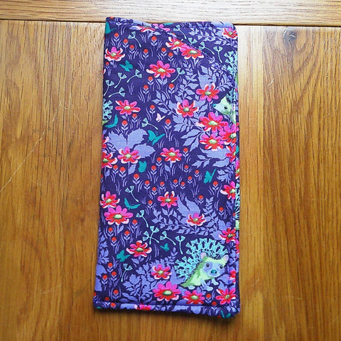 Handmade Cotton Glasses Case, Padded Eyewear Sleeve for Spectacles or Sunglasses, Eco-Friendly Gift, Soft Eyeglass Pouch Floral Hedgehog
