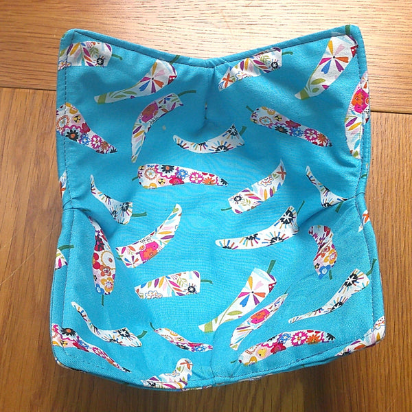 Microwave Bowl Cozy 100% Cotton, Reversible, Microwave-Safe Bowl Holder, Machine Washable Hot Pad, Handmade Kitchen Gift, Blue Chilli