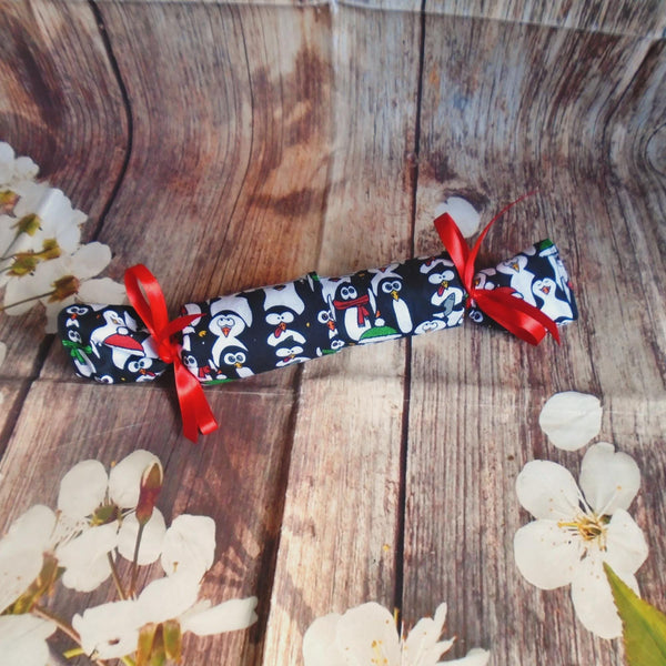 Reusable Christmas Cracker, Eco Friendly Sustainable Festive Table Decor, Refillable Zero Waste Holiday Gift Idea - Black White Penguins
