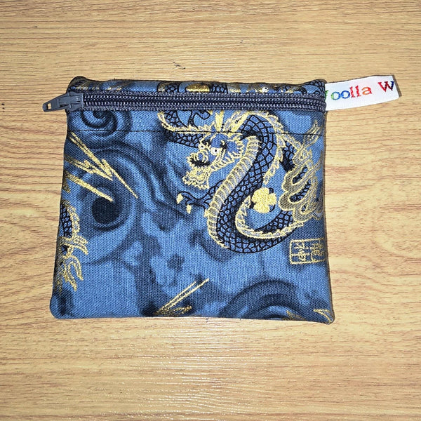 Pippins Reusable Snack Pouch, Pocket Sized Waterproof Food Safe Zip Bag, Washable Eco Lunch Pouch,  Mini Snack Bag Handmade Gold Dragon