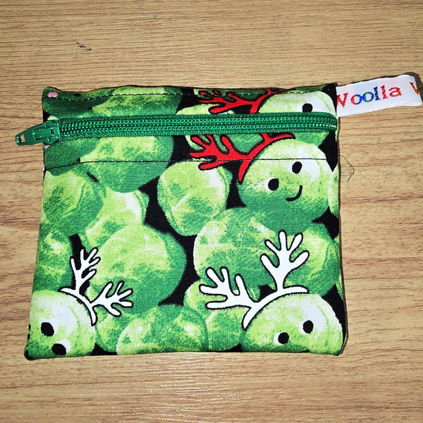 Pippins Reusable Snack Pouch, Pocket Sized Waterproof Food Safe Zip Bag, Washable Eco Lunch Pouch,  Mini Snack Bag Handmade Festive Sprouts