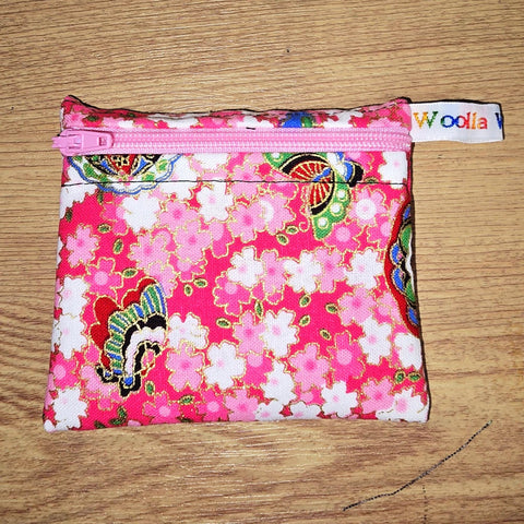 Pippins Reusable Snack Pouch, Pocket Sized Waterproof Food Safe Zip Bag, Washable Eco Lunch Pouch,  Mini Snack Bag Handmade Pinky Butterfly