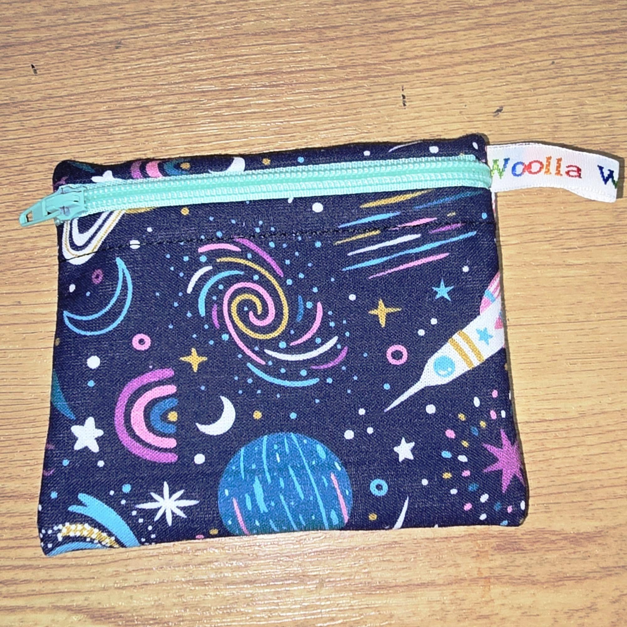 Pippins Reusable Snack Pouch, Pocket Sized Waterproof Food Safe Zip Bag, Washable Eco Lunch Pouch,  Mini Snack Bag Handmade Rocket Planet