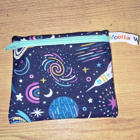 Pippins Reusable Snack Pouch, Pocket Sized Waterproof Food Safe Zip Bag, Washable Eco Lunch Pouch,  Mini Snack Bag Handmade Rocket Planet
