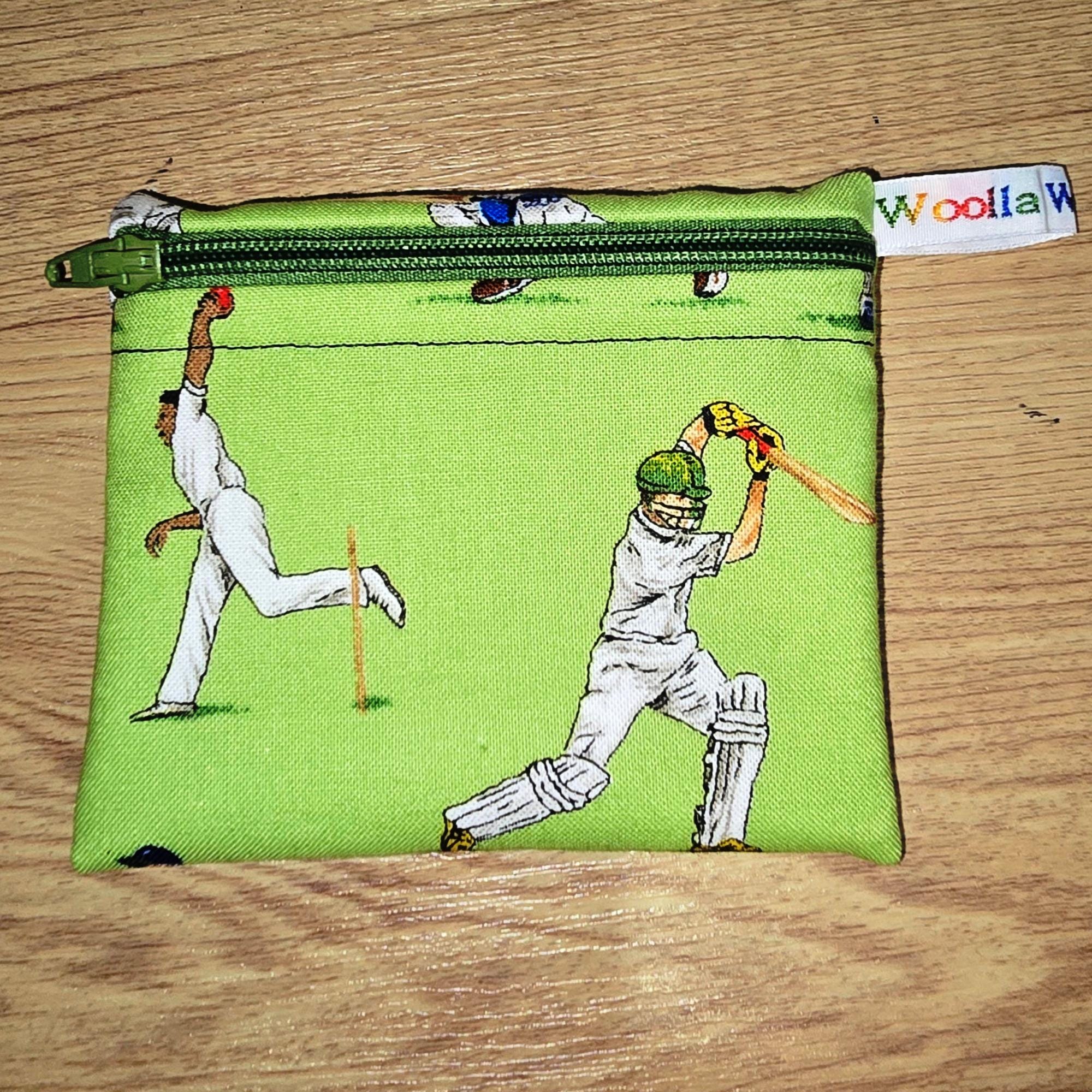 Pippins Reusable Snack Pouch, Pocket Sized Waterproof Food Safe Zip Bag, Washable Eco Lunch Pouch,  Mini Snack Bag Handmade Cricket Players