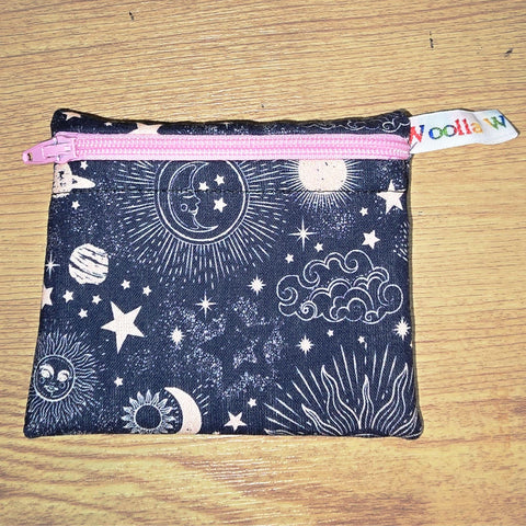 Pippins Reusable Snack Pouch, Pocket Sized Waterproof Food Safe Zip Bag, Washable Eco Lunch Pouch,  Mini Snack Bag Handmade Navy Celestial