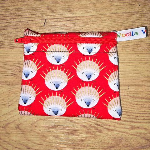 Pippins Reusable Snack Pouch, Pocket Sized Waterproof Food Safe Zip Bag, Washable Eco Lunch Pouch,  Mini Snack Bag Handmade Red Hedgehog