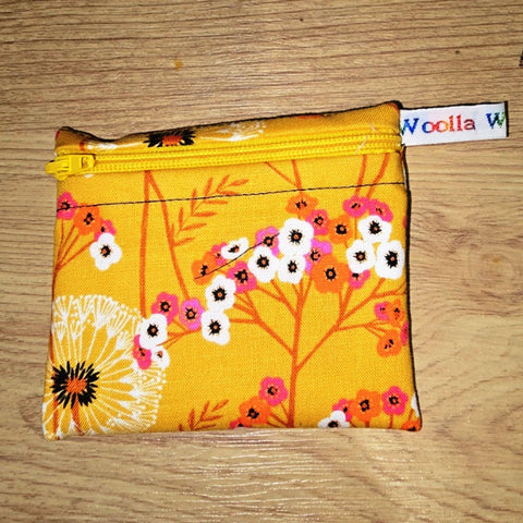 Pippins Reusable Snack Pouch, Pocket Sized Waterproof Food Safe Zip Bag, Washable Eco Lunch Pouch,  Mini Snack Bag Handmade Bloom Mustard