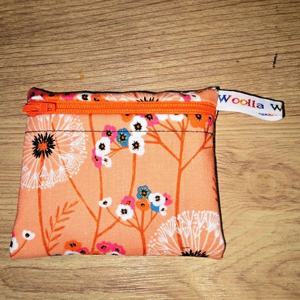 Pippins Reusable Snack Pouch, Pocket Sized Waterproof Food Safe Zip Bag, Washable Eco Lunch Pouch,  Mini Snack Bag Handmade Bloom Peach
