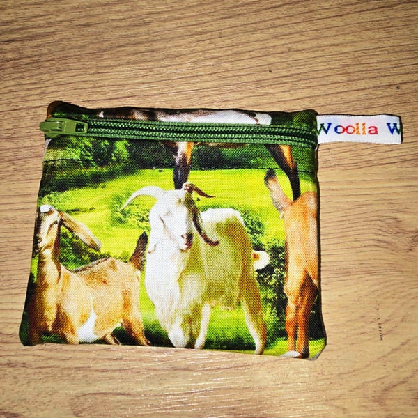 Pippins Reusable Snack Pouch, Pocket Sized Waterproof Food Safe Zip Bag, Washable Eco Lunch Pouch,  Mini Snack Bag Handmade Goats