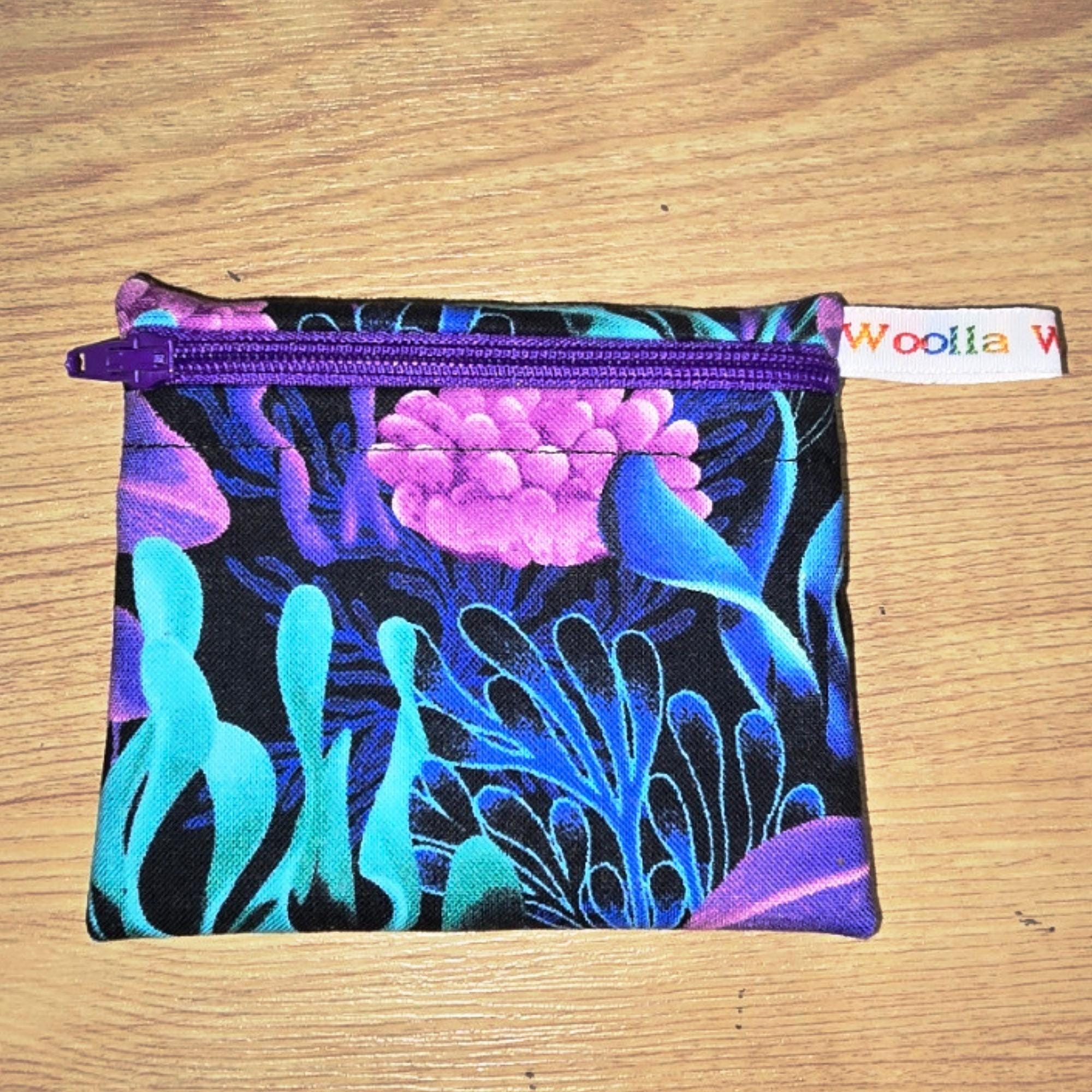 Pippins Reusable Snack Pouch, Pocket Sized Waterproof Food Safe Zip Bag, Washable Eco Lunch Pouch,  Mini Snack Bag Handmade Midnight Coral