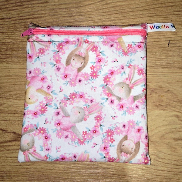 Small Reusable Snack Pouch Waterproof Food Bag, Eco-Friendly Washable Fabric Zip for Snacks, Change, Cosmetics, Accessories Ballet Bunny