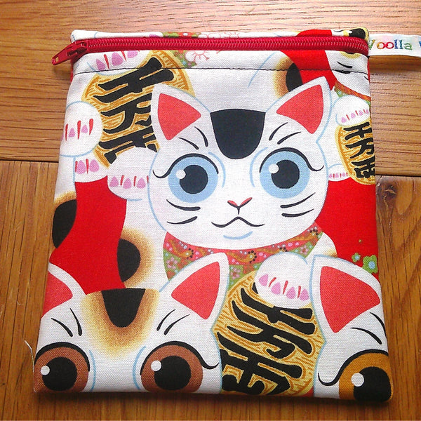 Small Reusable Snack Pouch Waterproof Food Bag, Eco-Friendly Washable Fabric Zip for Snacks, Change, Cosmetics, Accessories Red Lucky Cat