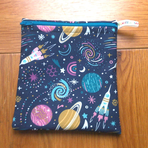 Small Reusable Snack Pouch Waterproof Food Bag, Eco-Friendly Washable Fabric Zip for Snacks, Change, Cosmetics, Accessories Rockets Planets