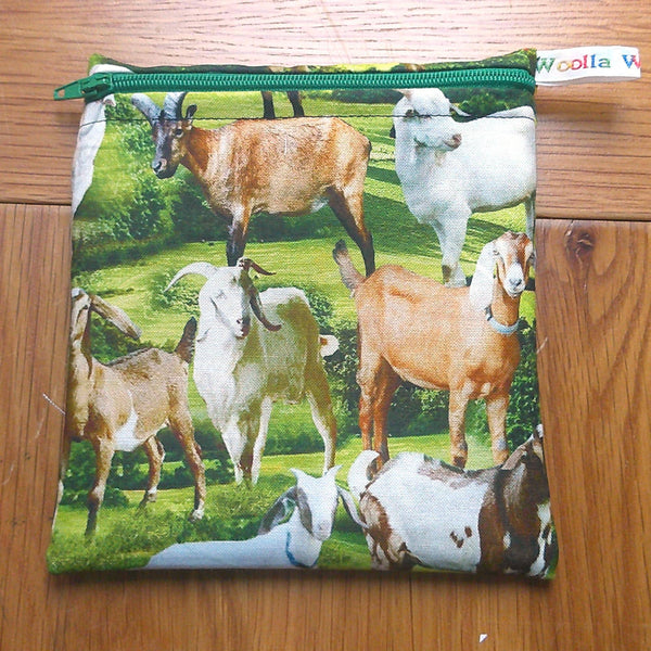 Small Reusable Snack Pouch Waterproof Food Bag, Eco-Friendly Washable Fabric Zip for Snacks, Change, Cosmetics, Accessories Goats