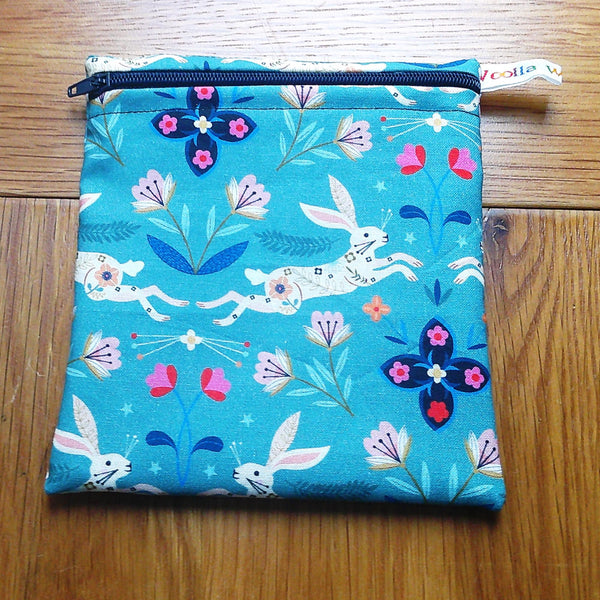 Small Reusable Snack Pouch Waterproof Food Bag, Eco-Friendly Washable Fabric Zip for Snacks, Change, Cosmetics, Accessories  Blue Hare