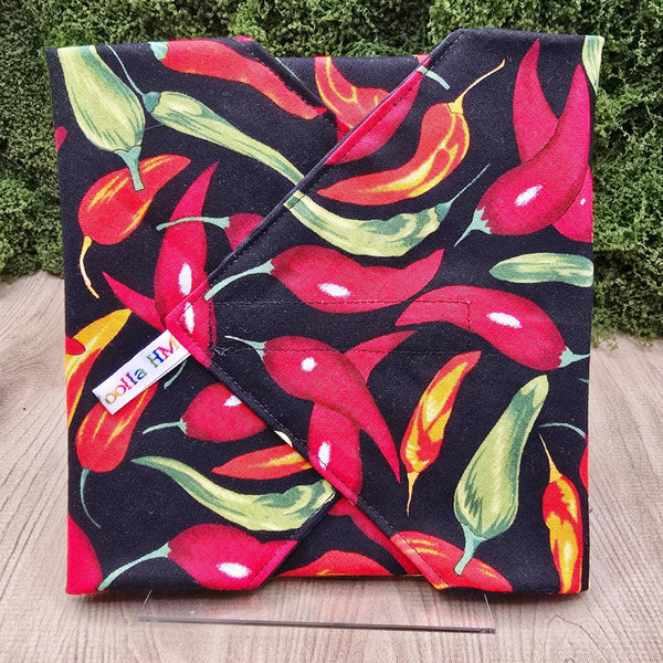 Reusable Sandwich Wrap, Wax Wrap Alternative Vegan Sustainable Sandwiches -Eco Zero Waste Hook & Loop Fastener - Blk Chili Pepper